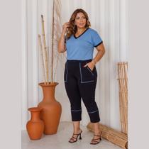 Conjunto Blusa Manga Curta e Calça Capri Luxo Plus Size