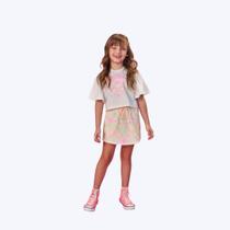 Conjunto Blusa Manga Curta Meia Malha E Shorts-Saia Infantil Menina Mundo Cinti 12559 Natural