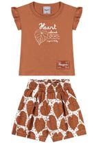 Conjunto Blusa Manga Franzida Mais Short de Sarja Estampado Infantil Feminino