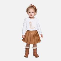 Conjunto Blusa Manga Longa Branca Cotton Estampa E Short-Saia material sintético Marrom Infantil Menina Have Fun 29420 Branco
