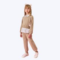 Conjunto Blusa Moletinho Com Gola e Calça Jogger Bege Infantil Menina Mundo Cinti 12399