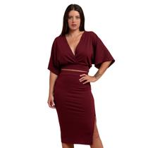 Conjunto Blusa Morcego + Saia Midi Modeladora Canelada Lápis Feminino