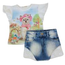 Conjunto blusa off+saia jeans infantil fem Petit Cherie