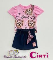 Conjunto Blusa Rosa Cachorrinhos e Shorts Jeans Cinti