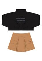 Conjunto Blusão Cropped em Moletom e Short-Saia em Sarja Juvenil Gloss