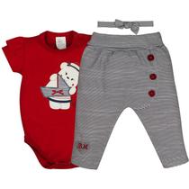 Conjunto Body Ab. Suedine Manga Curta Bordado Ursa + Calça Listrada Bordada Com Barra + Tiara List
