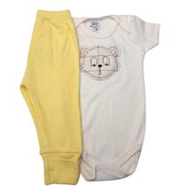 conjunto Body Bebe Bordado Menino Mijao Calça Suedine Vira Pé Kit 2 Peças 100 algodão branco e amarelo Baby Deluxe