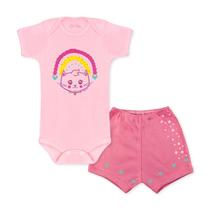 Conjunto Body Bebê Manga Curta Cat Arcoiris Rosa