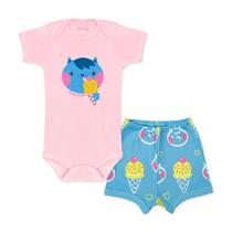 Conjunto Body Bebê Manga Curta Cat Ice Rosa