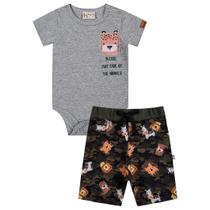 Conjunto Body Bebê Manga Curta Estampa + Bermuda Suplimada Animais Mescla - Hug 20124