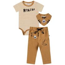 Conjunto Body Bebê Manga Curta Listrada Roarr + Calça Estampa Com Cadarço + Bandana Bordada Mostarda - Hug P