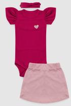 Conjunto Body Bebe Menina Canelado Saia Coracao Brilho