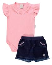 Conjunto Body Bebe Menina + Short-Saia Jeans 100% Algodão - Anjos Baby