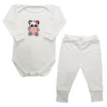 Conjunto Body Bebê Panda Coração Manga Longa + Calça