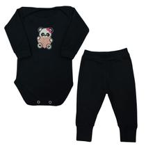 Conjunto Body Bebê Panda Coração Manga Longa + Calça