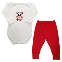 Conjunto Body Bebê Panda Coração Manga Longa + Calça