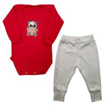 Conjunto Body Bebê Panda Coração Manga Longa + Calça