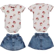 Conjunto Body Branco Com Saia Azul Jeans Bebê Menina Lucila