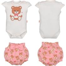 Conjunto Body Branco Com Tapa Fralda Rosa Bebê Menina Suzana