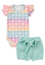 Conjunto Body Canelado Curto Menina - Xadrez Tie Dye - Ame Kids