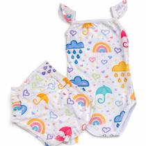 Conjunto body canelado de alça verão com tapa fralda estampa colorida nuvens Conjunto body canelado de alça verão com tapa fralda estampa colorida nuvens