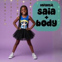 Conjunto Body Collant Infantil Estampa Lindinha Meninas Super Poderosas e Saia de Tule Cor:AzulTamanho:10