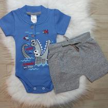 Conjunto Body com Bermuda Azul com Cinza