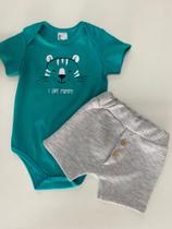 Conjunto Body com shorts canelado verde e cinza tamanho P