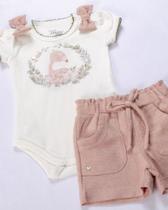 Conjunto Body curto e shorts Flamingo Flores e Lacinho