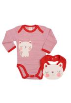 Conjunto body e babador Best Club Baby listrado branco e vermelho com bordado gato