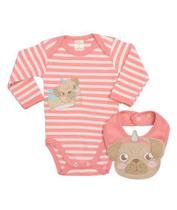 Conjunto body e babador Best Club Baby listrado rosa goiaba e creme com bordado cachorro