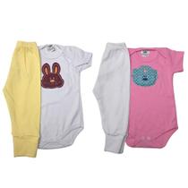 Conjunto Body e Calça Bebe Body Manga Curta Bordado Mijaozinho Menina 100 Algodão Kit4 Pçs Infantil Antialérgico de 0 a 9 meses Baby Deluxe