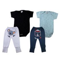 Conjunto Body e Calça Bebe Body Manga Curta liso Calça Estampado Bichinhos Vira Pé Kit 4Pçs 100 algodão Enxoval Maternidade dia a dia Baby Deluxe
