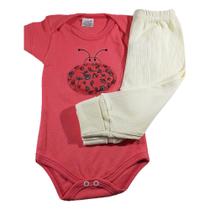 Conjunto Body e Calça Bebe Kit2 Peças Menina Mijaozinho Liso Estampado Desenho de Joaninha Roupa Bebe body Manga Curta tamanho 0 a 9 meses Baby Deluxe