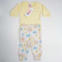 Conjunto Body e Calça Bebê Suedine Longo Amarelo e Branco Nuvens