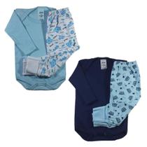 Conjunto Body e Calça Body Manga Longa Liso Bebe Mijao Estampado Suedine com vira pé Kit 4 Peças Roupa Menino Infantil 100 algodão Baby Deluxe