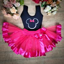 Conjunto Body e Saia de Tule Infantil Juvenil Carnaval Halloween Fantasia Minnie Vermelho e Rosa