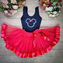 Conjunto Body e Saia de Tule Infantil Juvenil Carnaval Halloween Fantasia Minnie Vermelho e Rosa