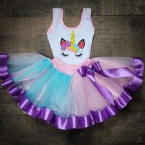 Conjunto Body e Saia de Tule Infantil Juvenil Fantasia Carnaval Halloween Unicórnio Colorido