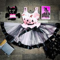 Conjunto Body e Saia Fantasia Infantil Juvenil Festa Fantasia de Halloween Dia das Bruxas Abóbora Branco e Preto