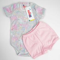 Conjunto Body e Shorts Bebê Suedine Curto Lilás e Rosa Tie Dye