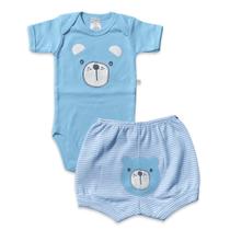 Conjunto body e shorts Best Club Baby azul e branco com bordado carinha de urso