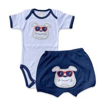 Conjunto body e shorts Best Club Baby branco e azul marinho com bordado cachorro de óculos