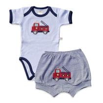 Conjunto body e shorts Best Club Baby branco e azul marinho com bordado caminhão de bombeiro