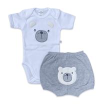 Conjunto body e shorts Best Club Baby branco e cinza com bordado carinha de urso