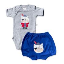 Conjunto body e shorts Best Club Baby cinza e azul com bordado gato pirata