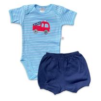 Conjunto body e shorts Best Club Baby listrado azul com branco e azul marinho com bordado caminhão de bombeiro