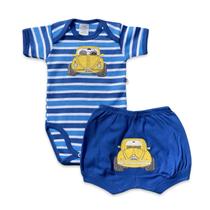 Conjunto body e shorts Best Club Baby listrado azul e branco com bordado carro