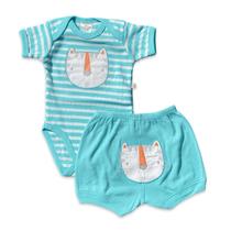 Conjunto body e shorts Best Club Baby listrado branco e azul com bordado tigre