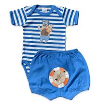 Conjunto body e shorts Best Club Baby listrado branco e azul com bordado urso salva-vidas